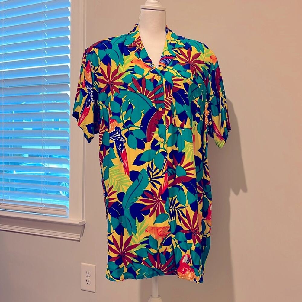 Vintage JACK WINTER Tropical Floral Parrots‎ Jimmy Buffett Top Oversized Medium